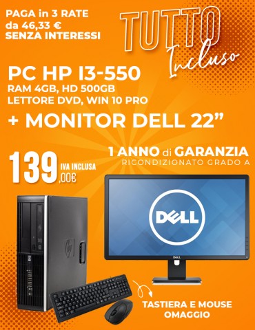 HP i3-550 - Ram 4Gb - HD 500Gb - Lettore Dvd - Windows 10 Pro Monitor DELL 22" + Tastiera e Mouse