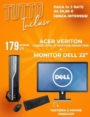 ACER VERITON L4630G Intel i3-4130 8GB-500GB-HDD + Monitor DELL 22 pollici + Tastiera e Mouse