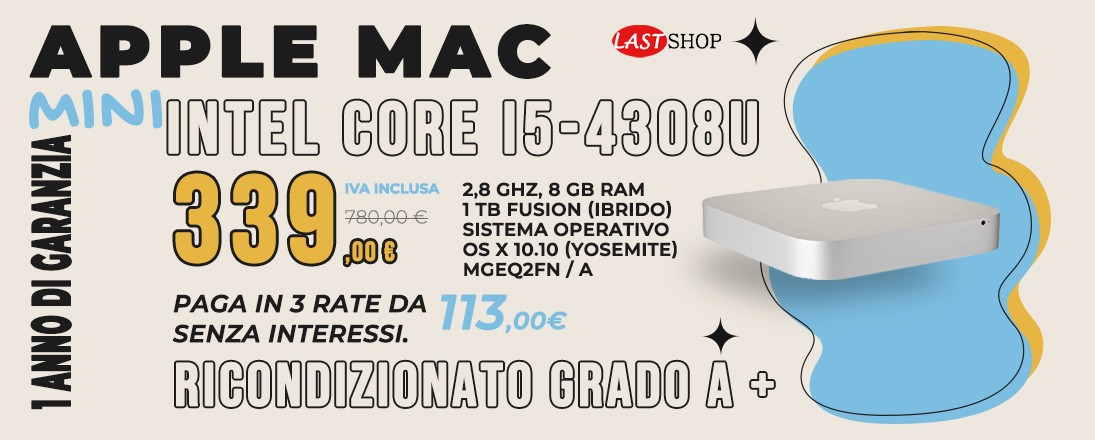 Apple Mac Mini Intel Core i5-4308U 2,8 GHz, 8 GB RAM, 1 TB Fusion (ibrido)